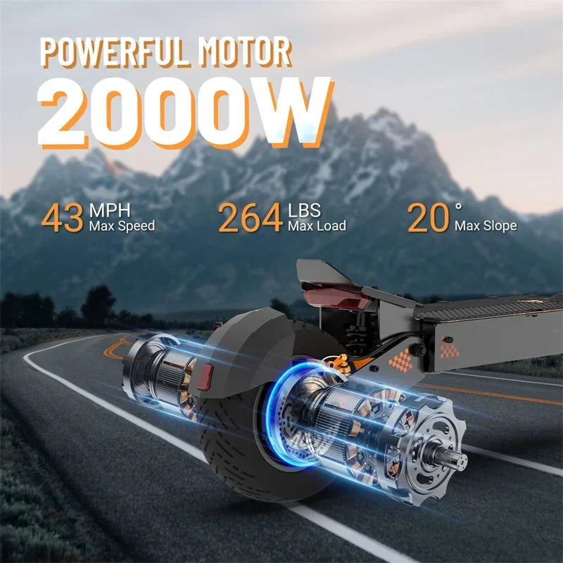 KuKirin G4 electric scooter in black with an 11-inch off-road tire and exposed 2000W motor on a winding road.