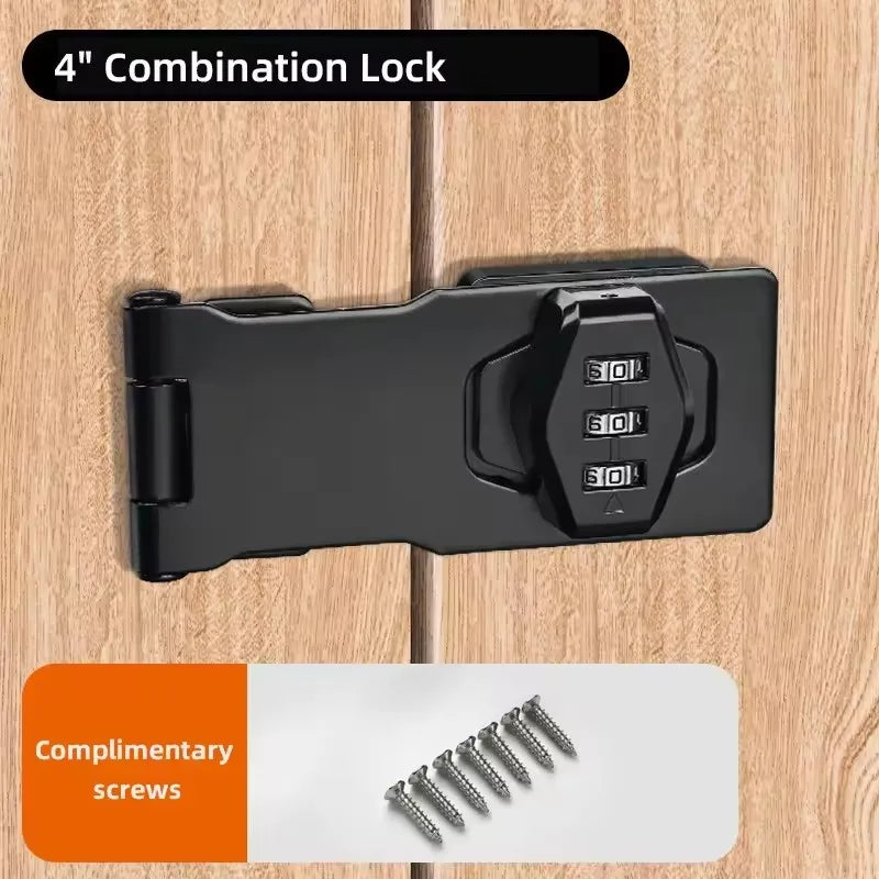 Black 4-inch metal hasp combination lock with three-digit dial, shown mounted on a door with included screws.