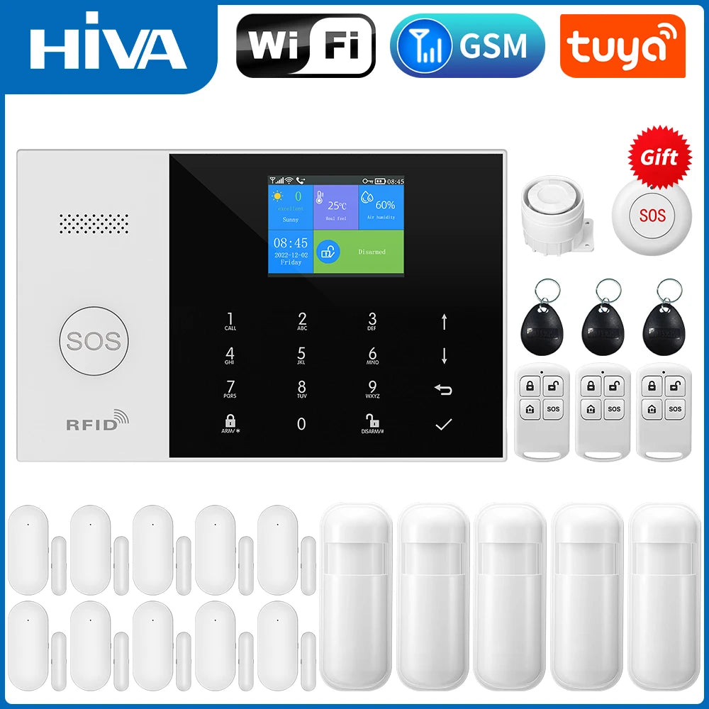 White and black wireless smart home alarm system with touchscreen panel, RFID, SOS buttons, remotes, and door sensors.