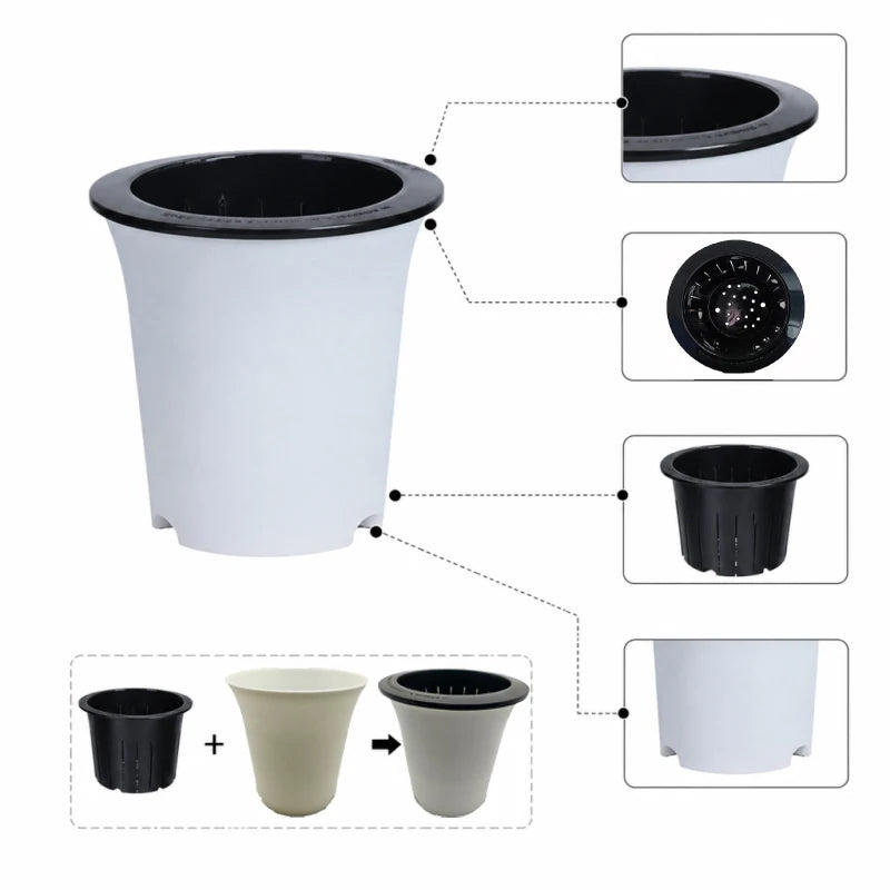 A white and black double-layer self-watering plastic flowerpot with close-up diagrams showing its components.