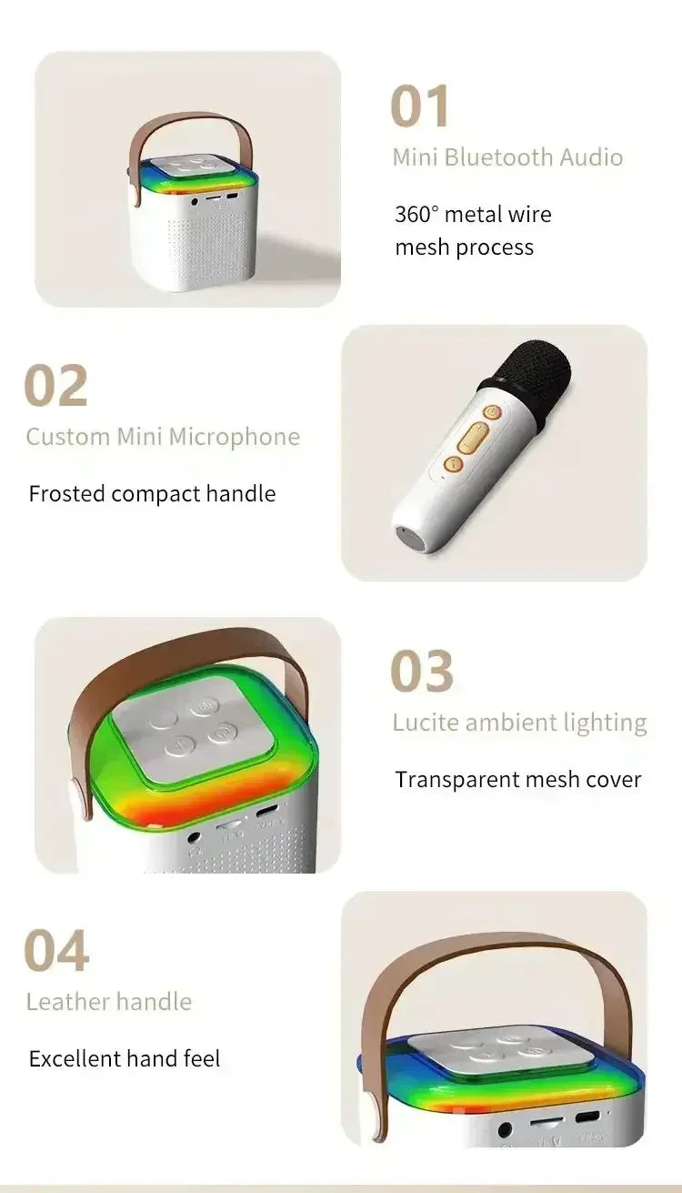 White wireless karaoke speaker with a tan leather handle, RGB lighting, metal mesh, and a matching mini microphone.