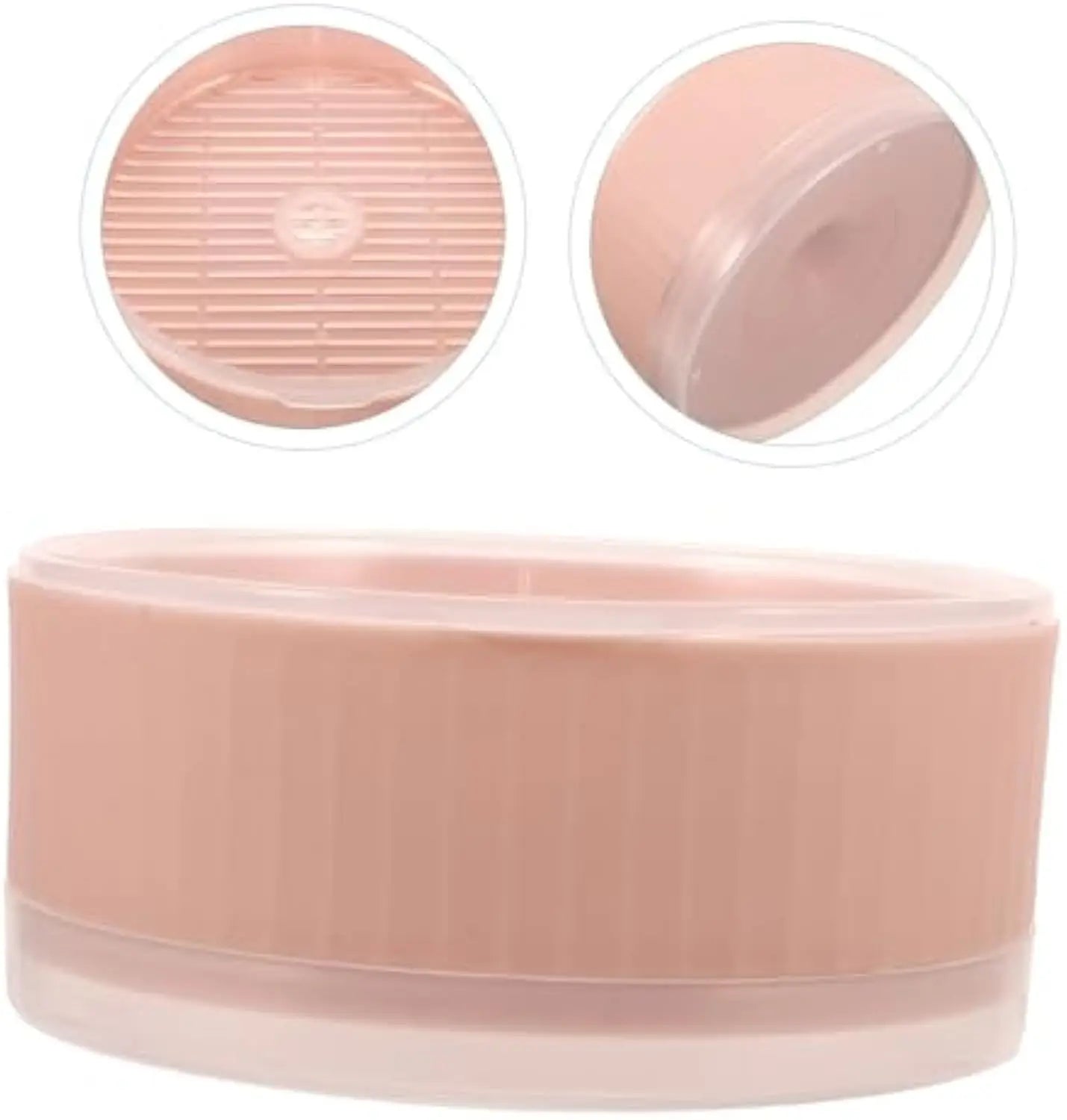 A round, dusty pink plastic cat grass planter, showing the main bowl, inner drainage grate, and clear bottom tray.