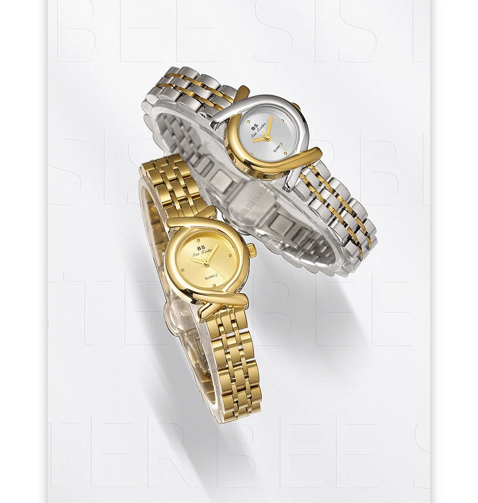 Two elegant women’s quartz wristwatches featuring stainless steel link bracelets and a delicate, cross-over bezel design.