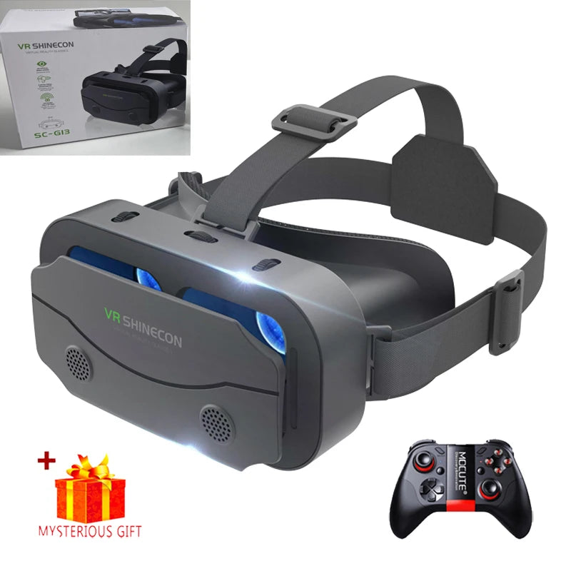Dark gray VR Shinecon headset with adjustable straps, dual lenses, and a matching black game controller.