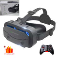 Dark gray VR Shinecon headset with adjustable straps, dual lenses, and a matching black game controller.