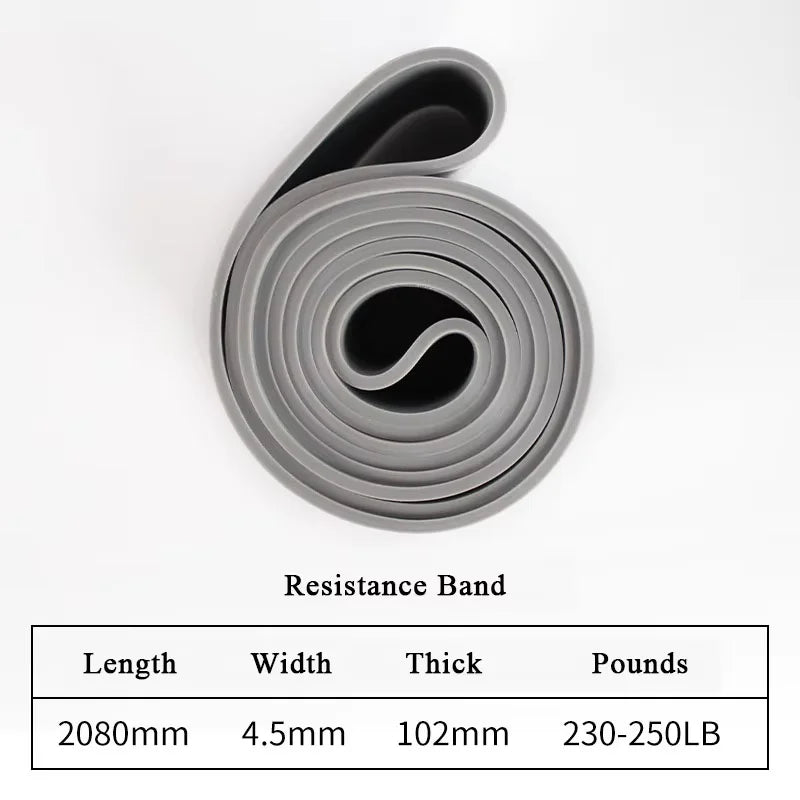 A grey resistance band coiled against a white background with a specification table underneath.