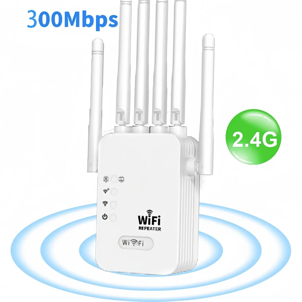 White WiFi signal booster with four external antennas and indicator lights, set against a blue signal wave graphic.