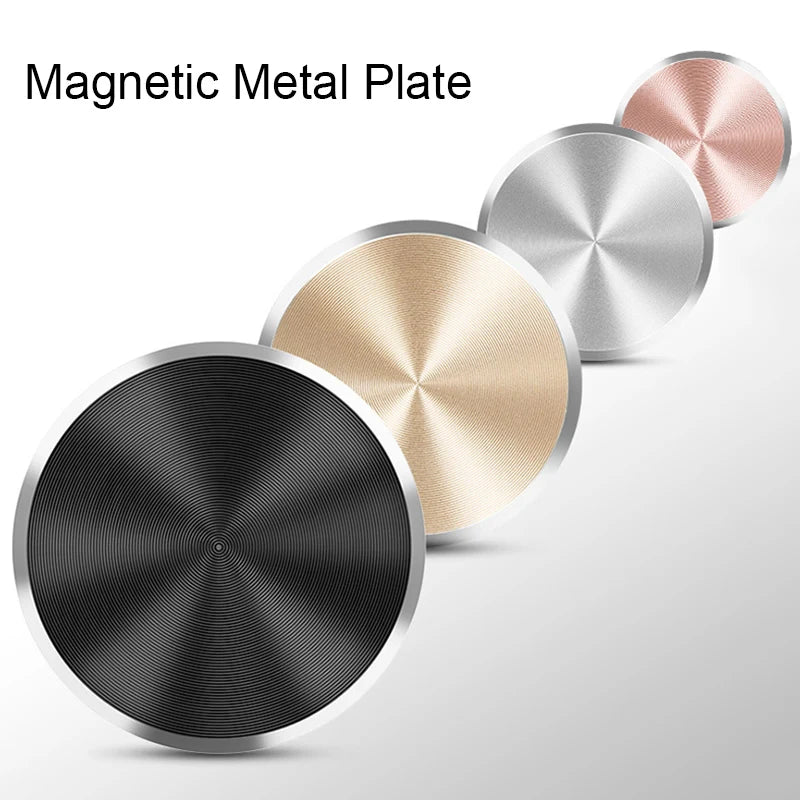 Four circular magnetic metal plates in black, gold, silver, and rose gold with a brushed radial texture.