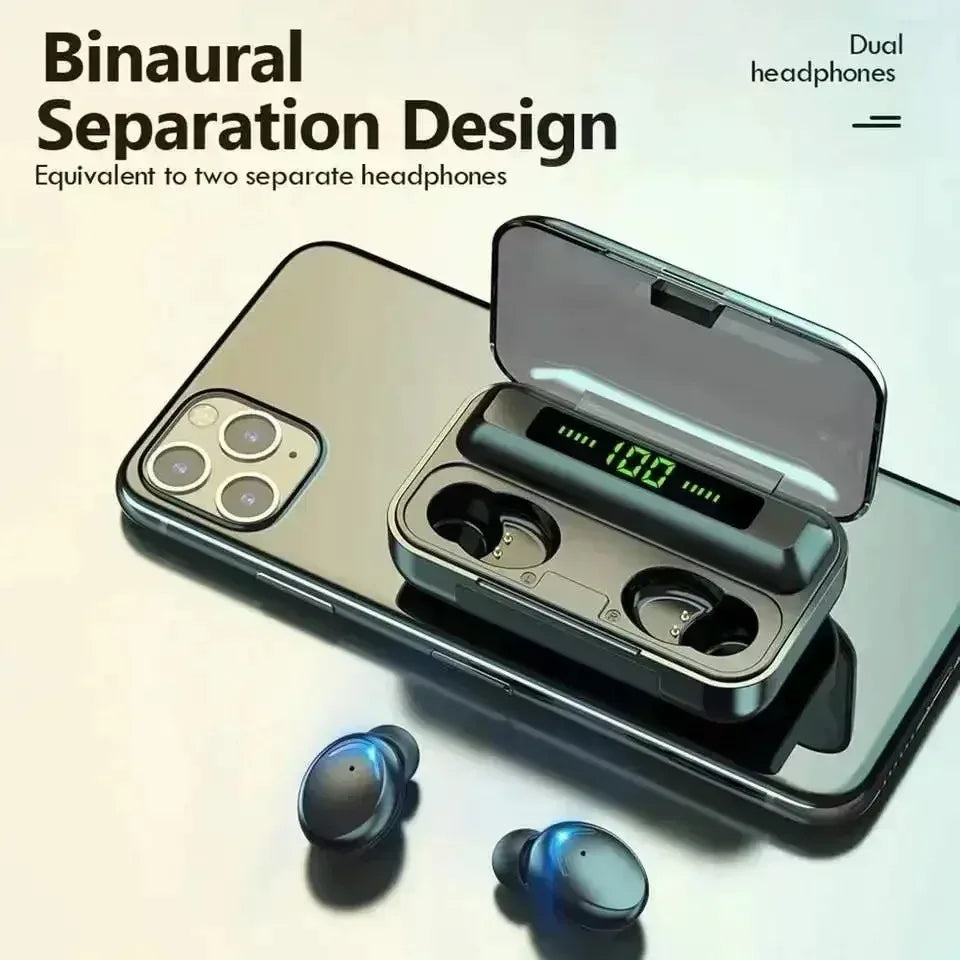 Wireless black earbuds with a charging case showing a digital battery display, placed on a modern smartphone.