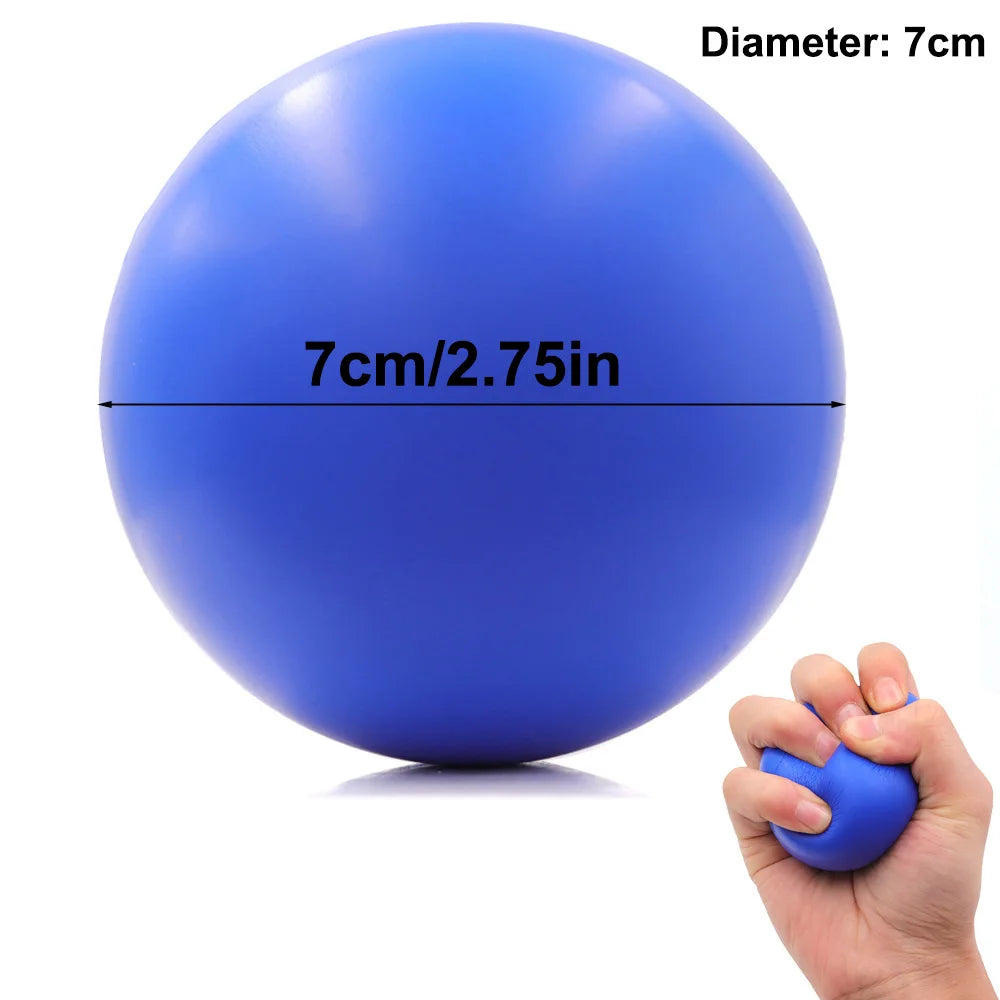A bright blue 7cm stress ball being squeezed by a hand, showing its compact, squishy texture against a white background.