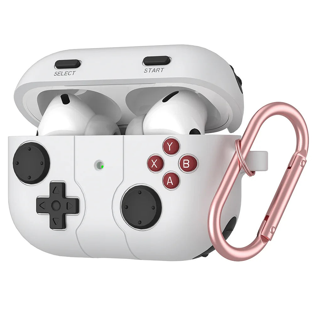 White retro game controller silicone case for AirPods Pro with a rose gold carabiner.