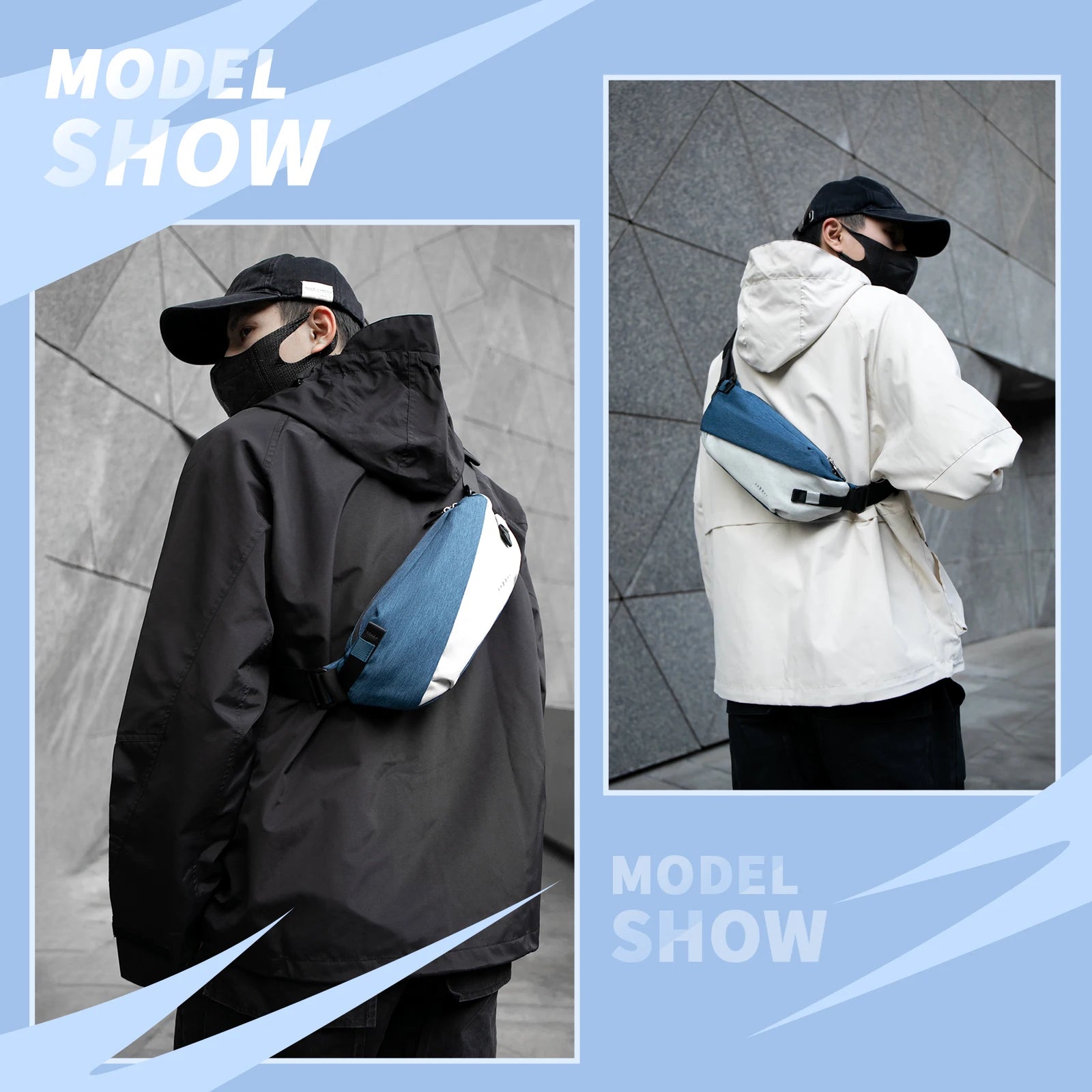 A model wearing a blue and white anti-theft crossbody sling bag in a sleek, urban style.