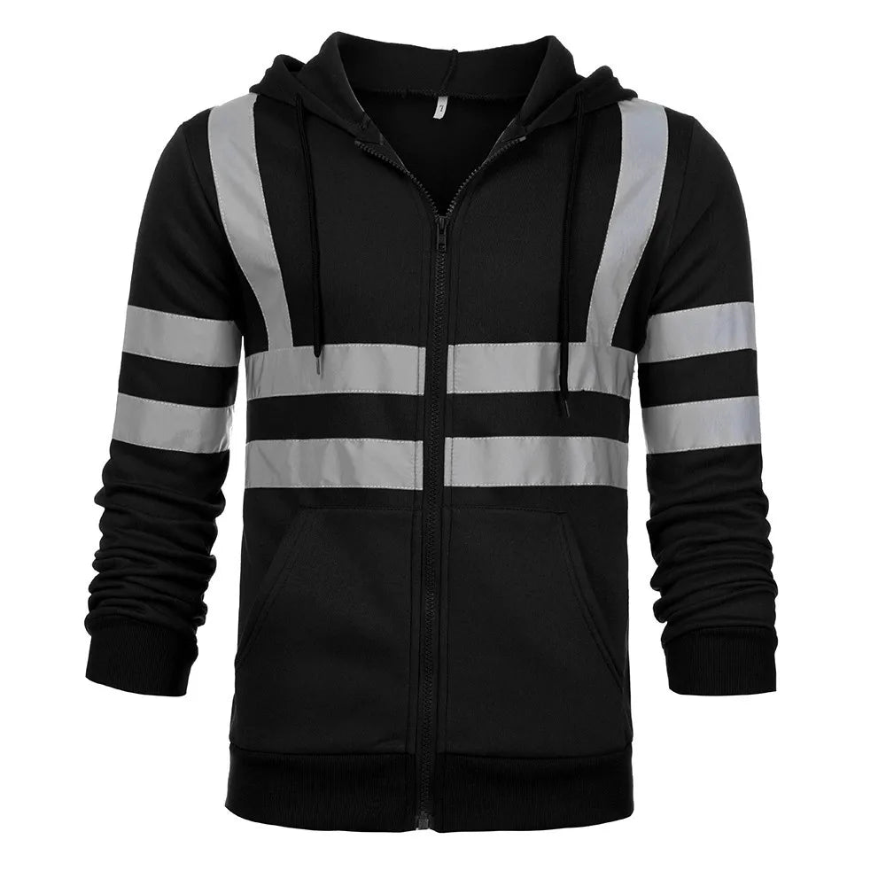 Black zip-up hoodie featuring grey high-visibility reflective stripes on the sleeves and chest with a drawstring hood.