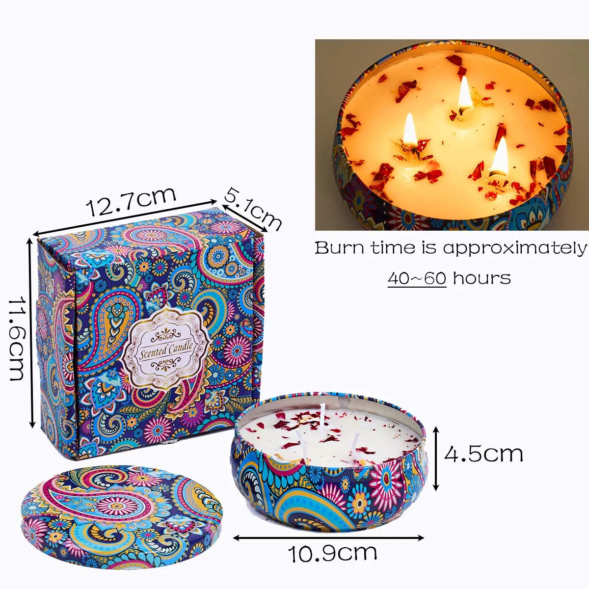 Three-wick scented candle in a colourful paisley-patterned tin with a matching gift box. 40-60 hour burn time.