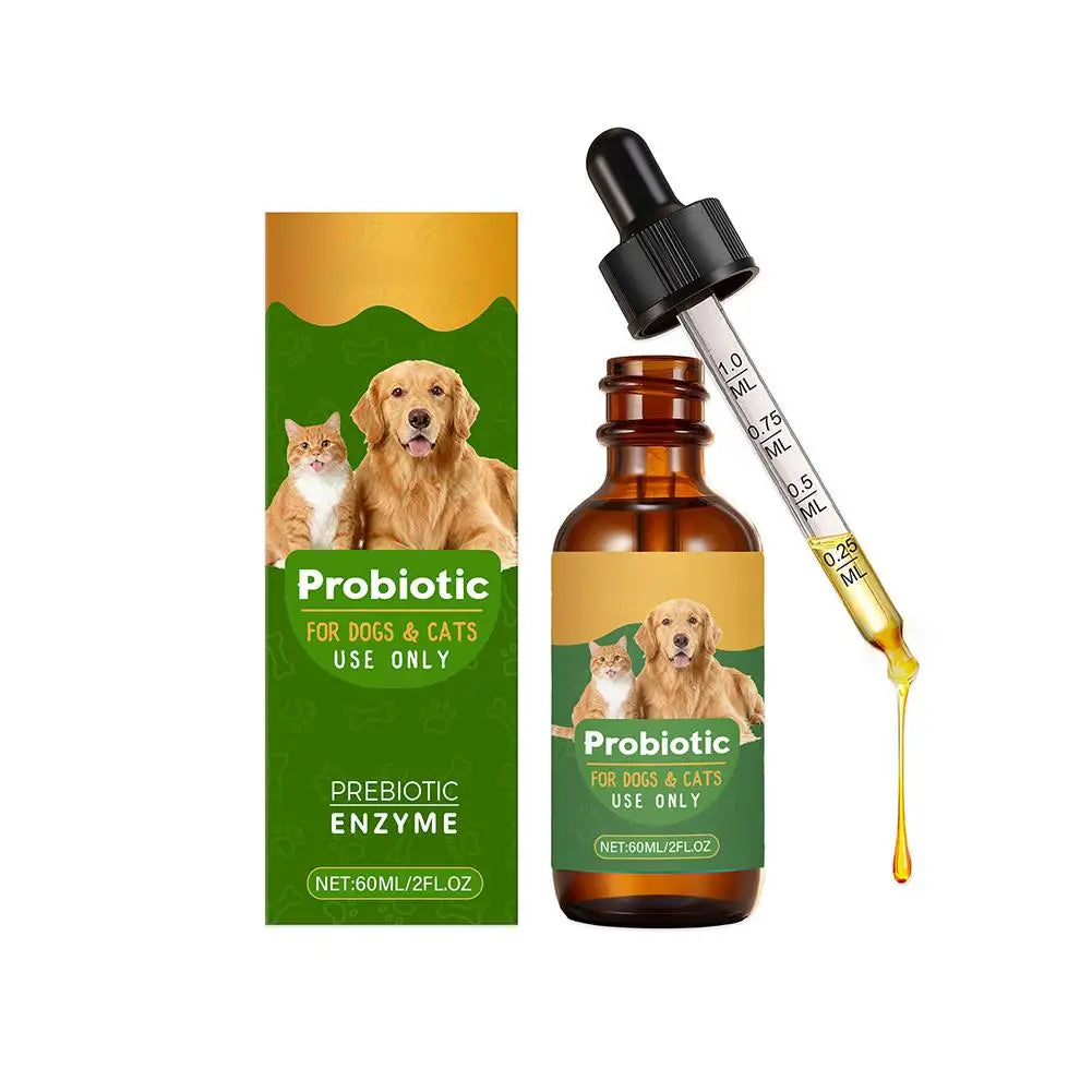 60ml brown glass dropper bottle of pet probiotic enzyme liquid, featuring a cat and dog on the label.