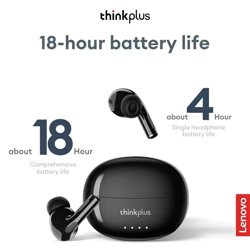 Glossy black wireless earbuds and charging case, highlighting long battery life.