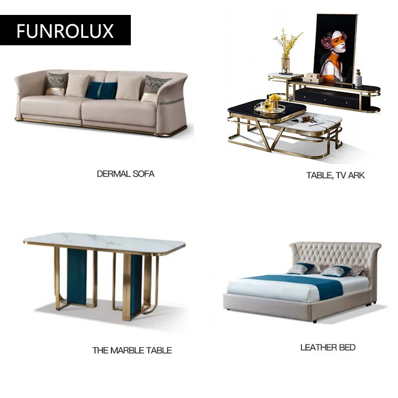 Luxury beige leather double bed with a tufted headboard and modern gold-toned base.