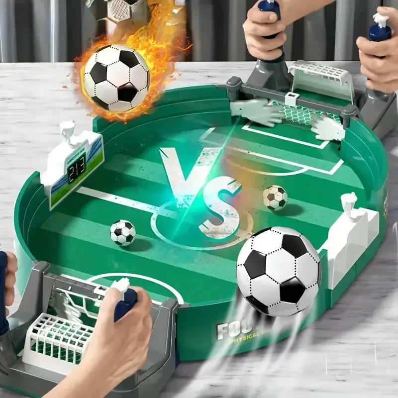 Green tabletop football game featuring two joystick-controlled goalkeepers, a digital score display, and small balls.