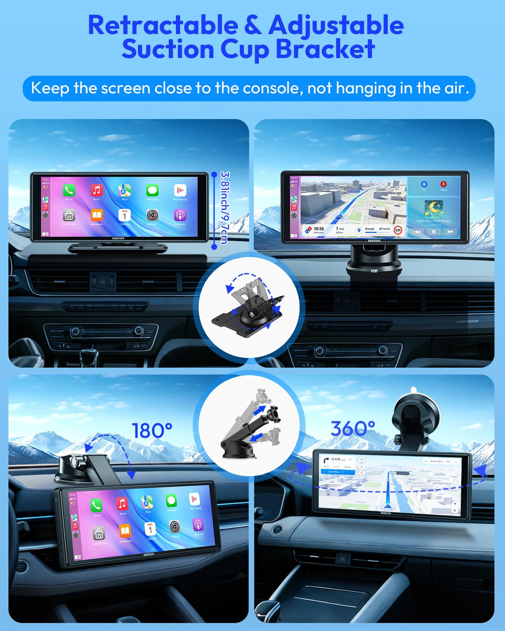 ESSGOO 10.26" black portable car stereo with touchscreen mounted on a dashboard via an adjustable suction bracket.