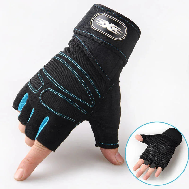 Black fingerless gym gloves with blue stitching, wrist wrap, and a honeycomb-patterned anti-slip palm.