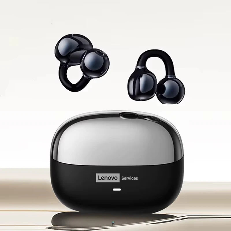 Glossy black ear-cuff style wireless earbuds floating above a two-tone silver and black oval charging case.