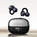 Glossy black ear-cuff style wireless earbuds floating above a two-tone silver and black oval charging case.