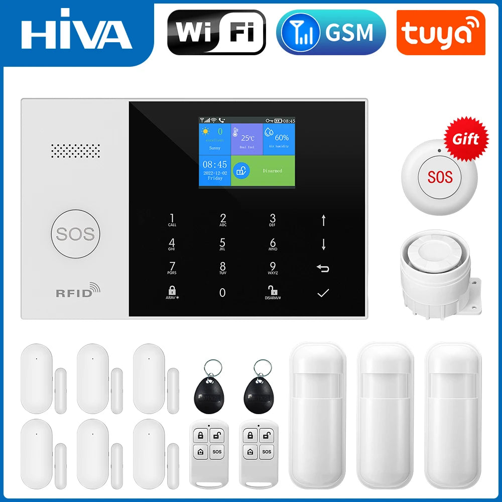 White and black wireless smart alarm system with touch keypad, screen, sensors, remotes, and SOS button.