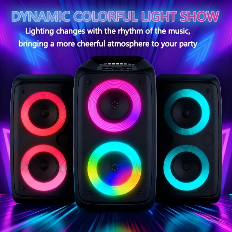 Portable black wireless speaker with vibrant, rhythmic LED ring lighting in a dynamic party setting.