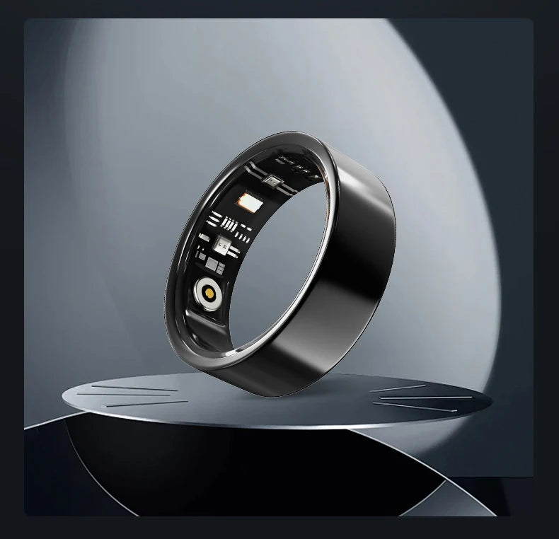 Sleek, polished black waterproof smart health tracking ring showing interior electronic sensors on a circular stand.