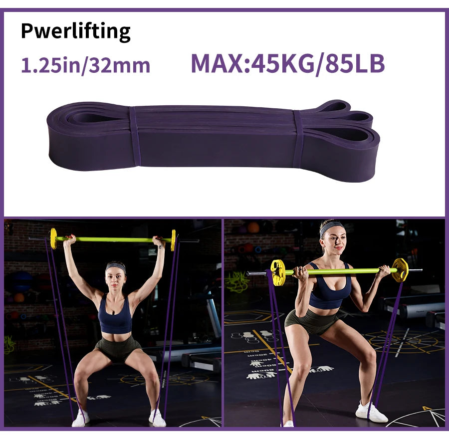 A thick purple powerlifting resistance band, shown coiled and in use with a barbell by a woman in a gym.