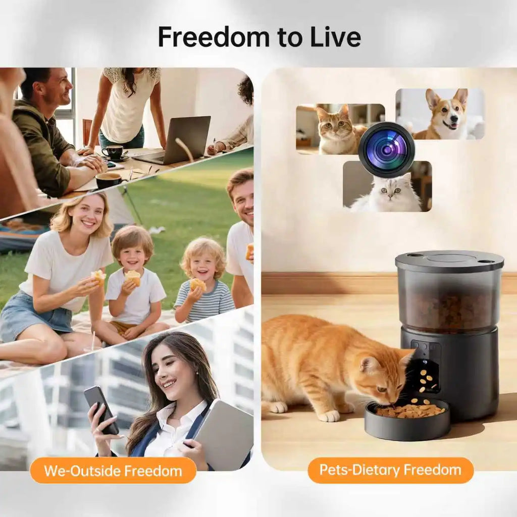 Matte black smart automatic pet feeder with an integrated HD camera, featuring a transparent food hopper and bowl.