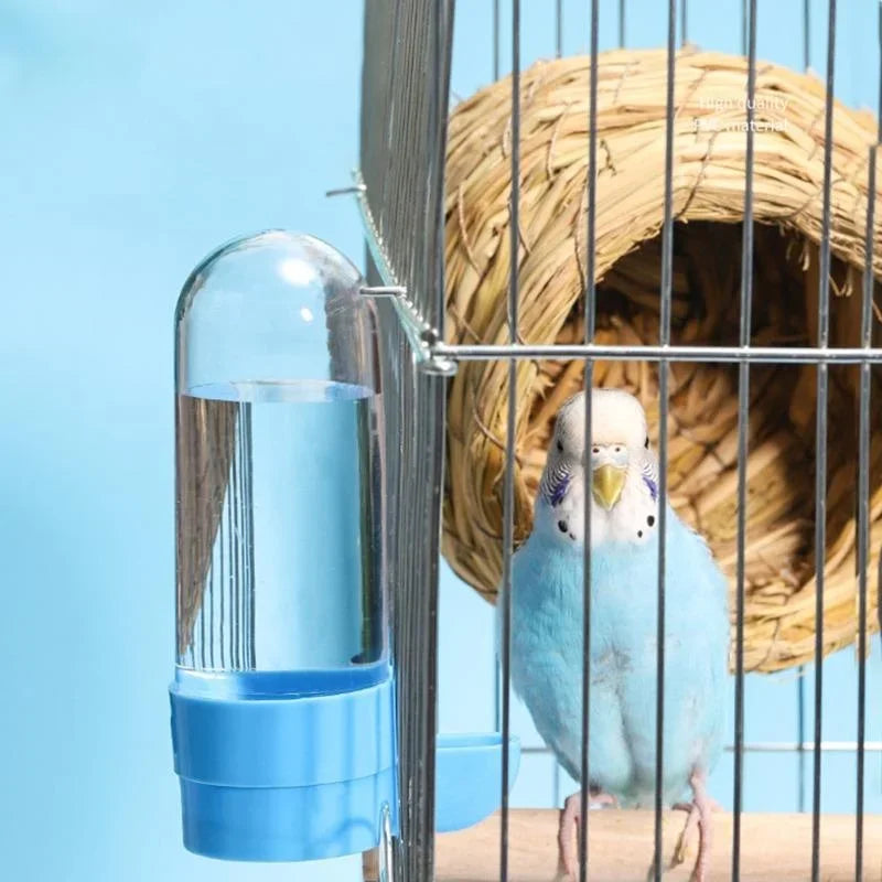 Blue parakeet in a wire cage with a woven straw nest and a clear plastic water dispenser with a blue base.