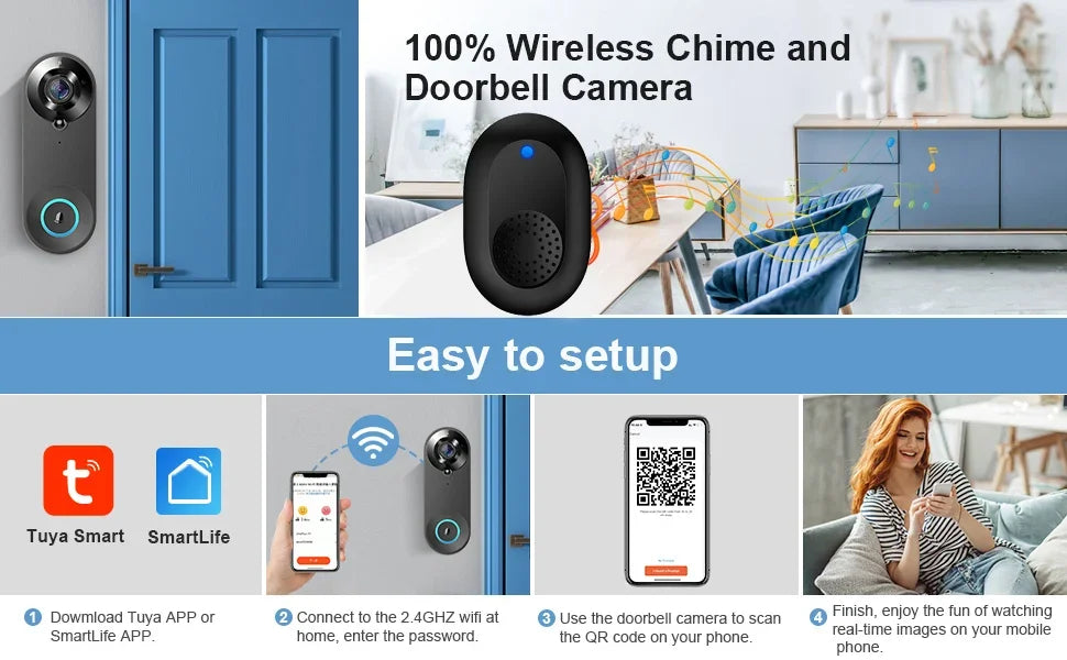 Wireless 1080p smart video doorbell in matte black, featuring a matching wireless chime and simple mobile app setup.
