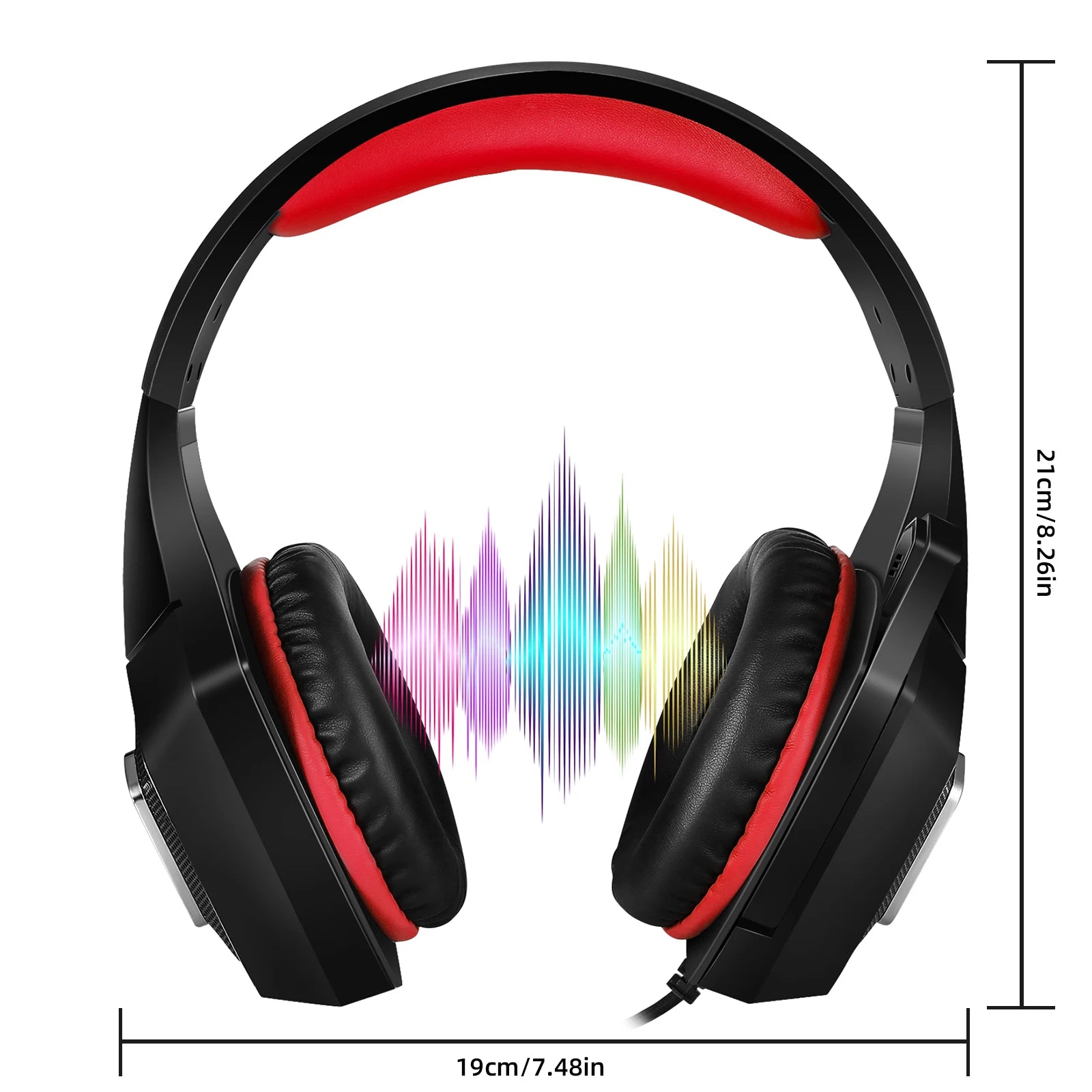 Black wired gaming headset with red padded headband and ear cushions, shown with colourful audio wave graphics.