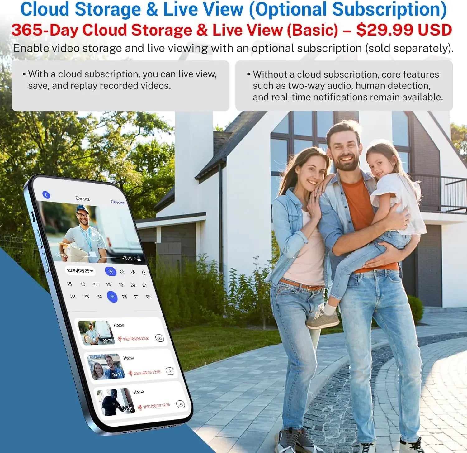 Smartphone showing video doorbell app interface with event history, next to a happy family standing in front of a home.