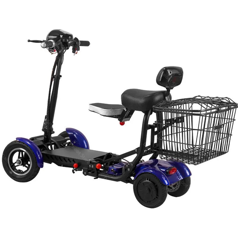 Blue four-wheeled electric mobility scooter with dual seats, handlebars, and a large rear wire storage basket.