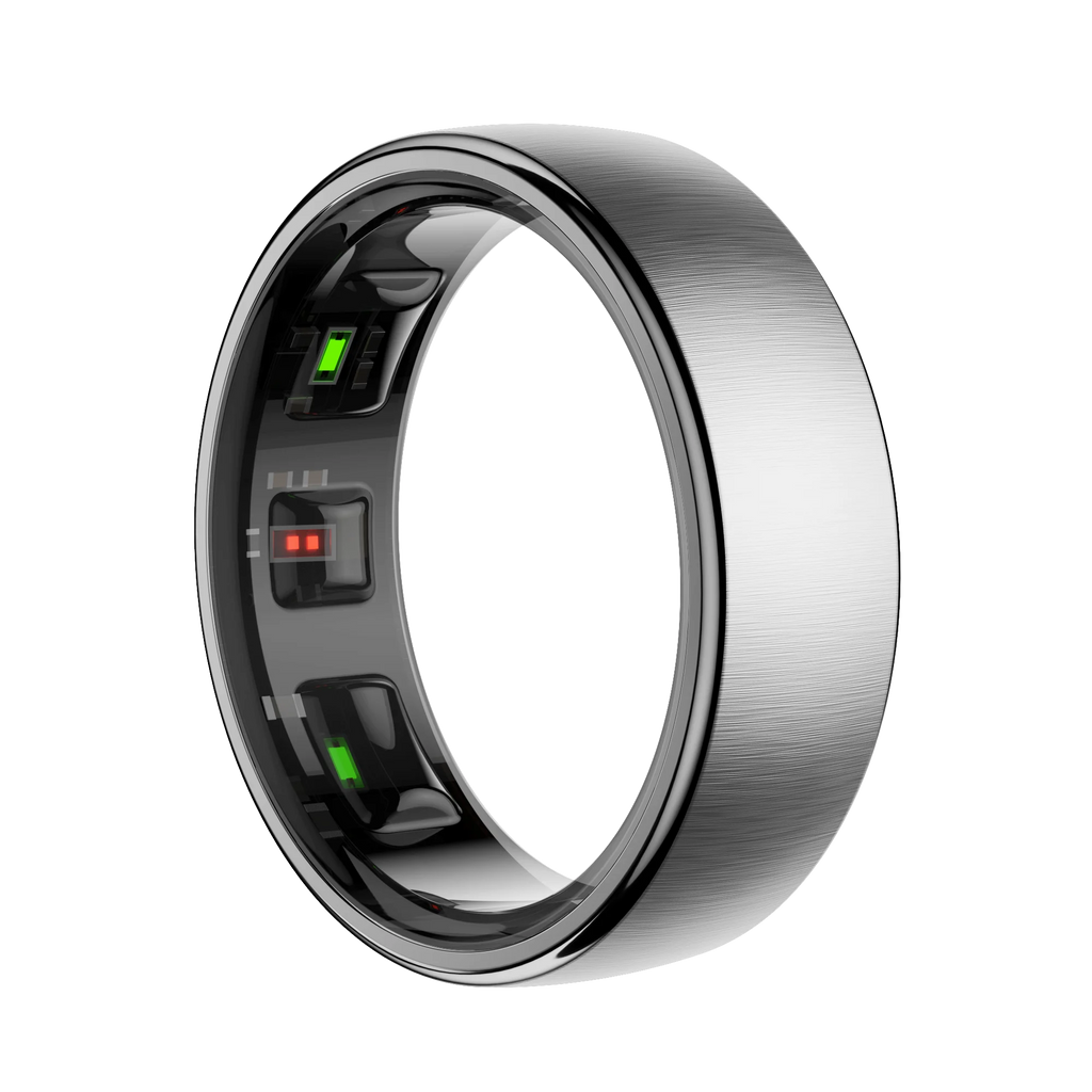 Sleek silver smart fitness ring showing interior health tracking sensors with green and red lights on a black background.