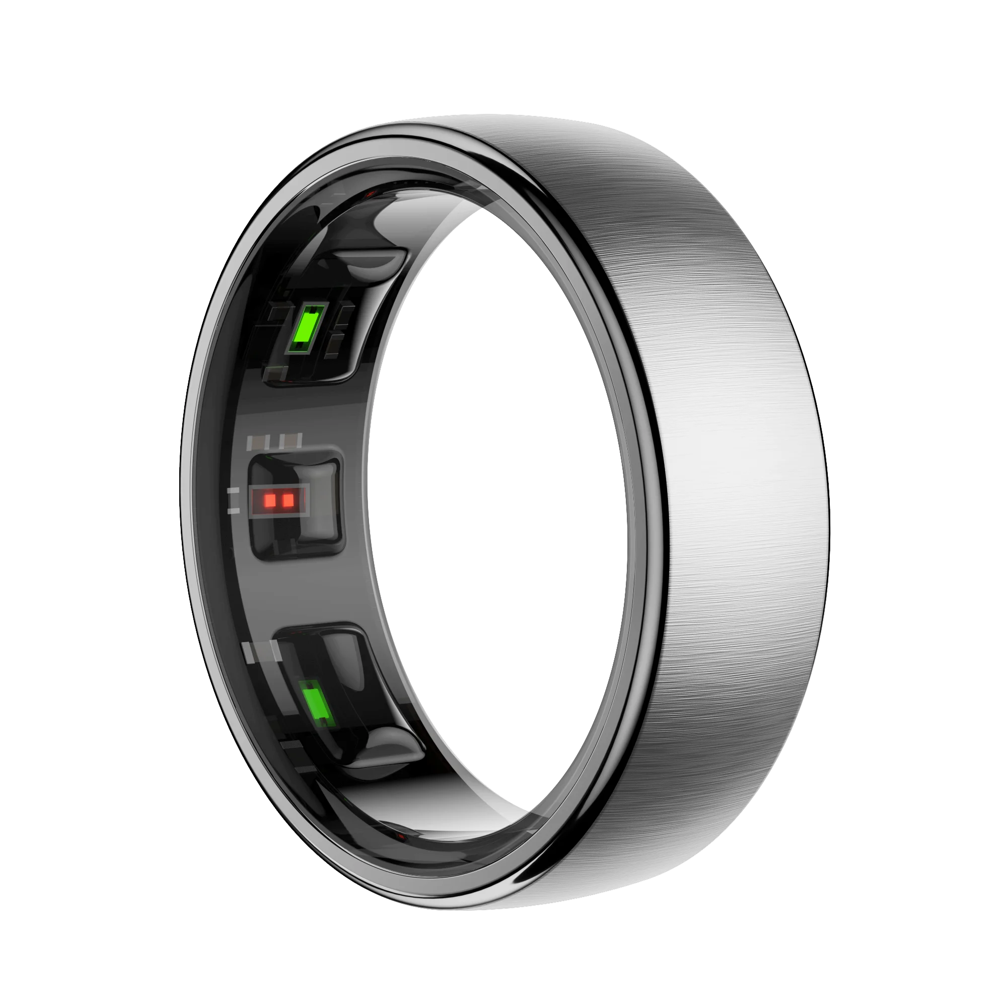 Sleek silver smart fitness ring showing interior health tracking sensors with green and red lights on a black background.