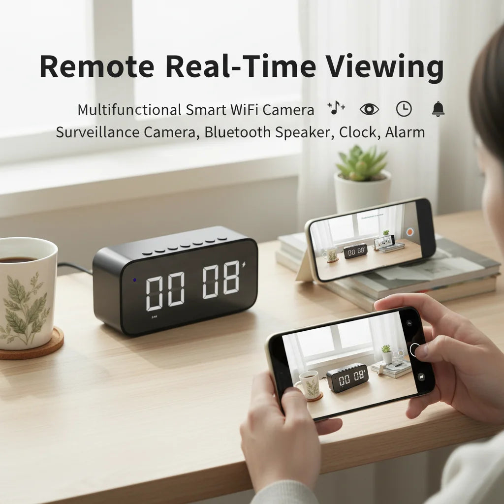 Black rectangular digital clock with a built-in wifi camera, speaker, and alarm, viewed via a smartphone app.
