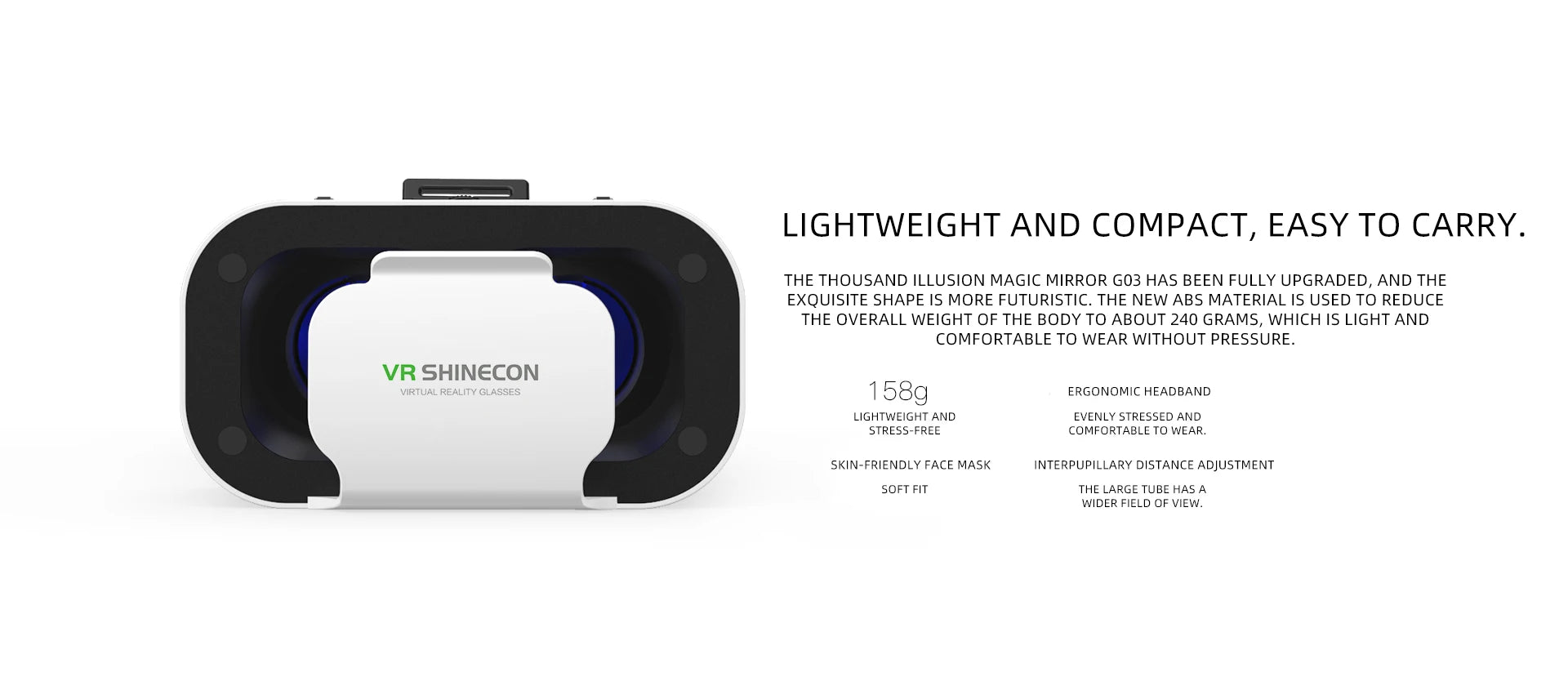 Lightweight white and black smartphone VR headset with an ergonomic design, soft face mask and adjustable lenses.