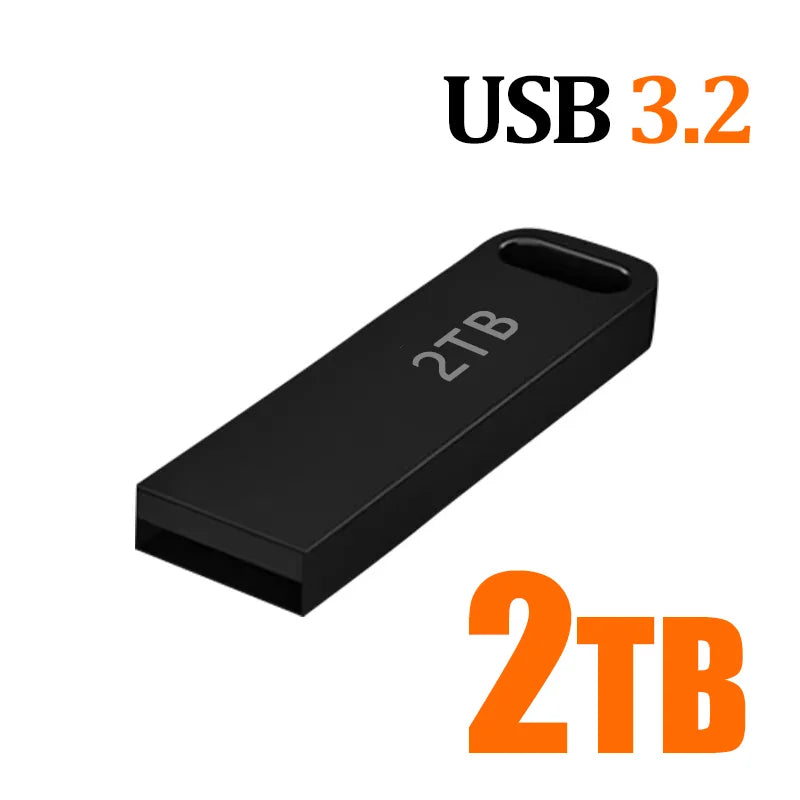 Black 2TB portable USB 3.2 flash drive with a sleek, minimalist design and a lanyard hole.