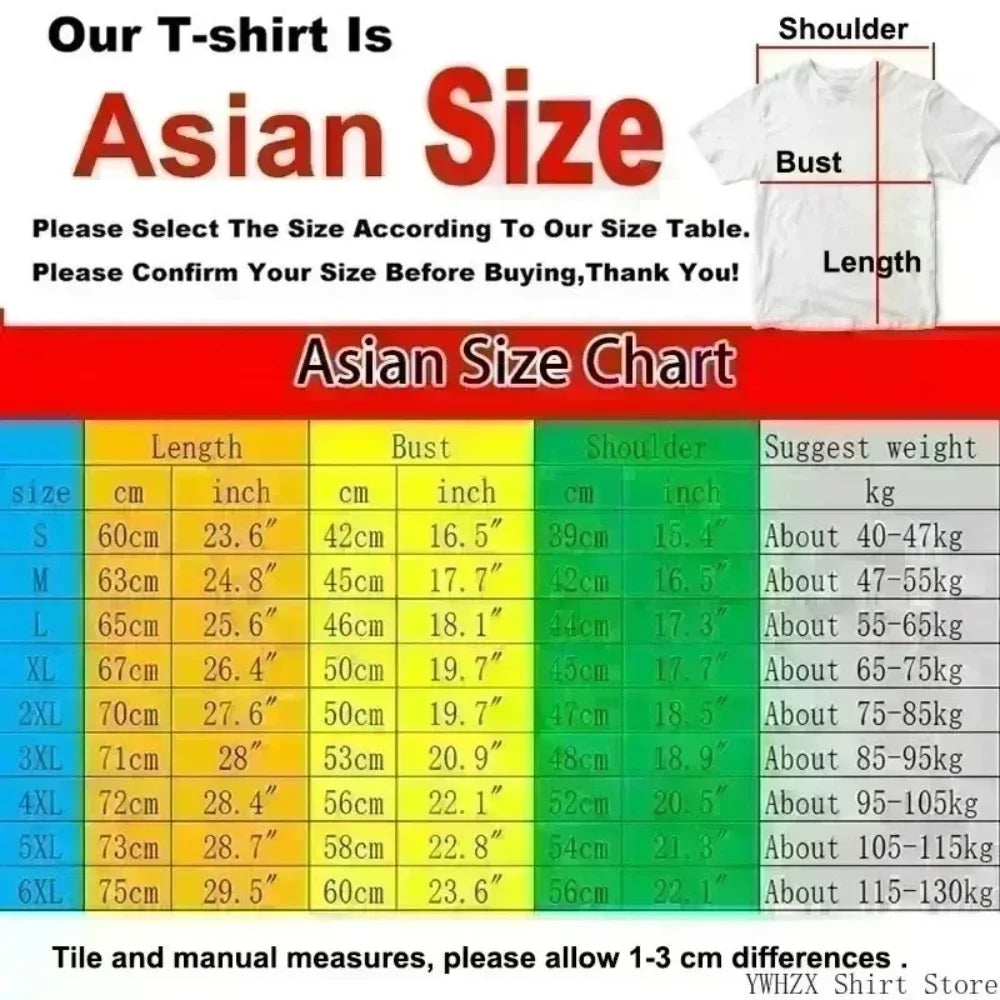 T-shirt size chart showing measurements for length, bust, and shoulder in cm and inches, plus suggested weight.