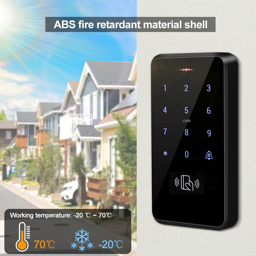 Black, fire-retardant ABS keypad access control reader with touchscreen, numerical pad, and card scanner.