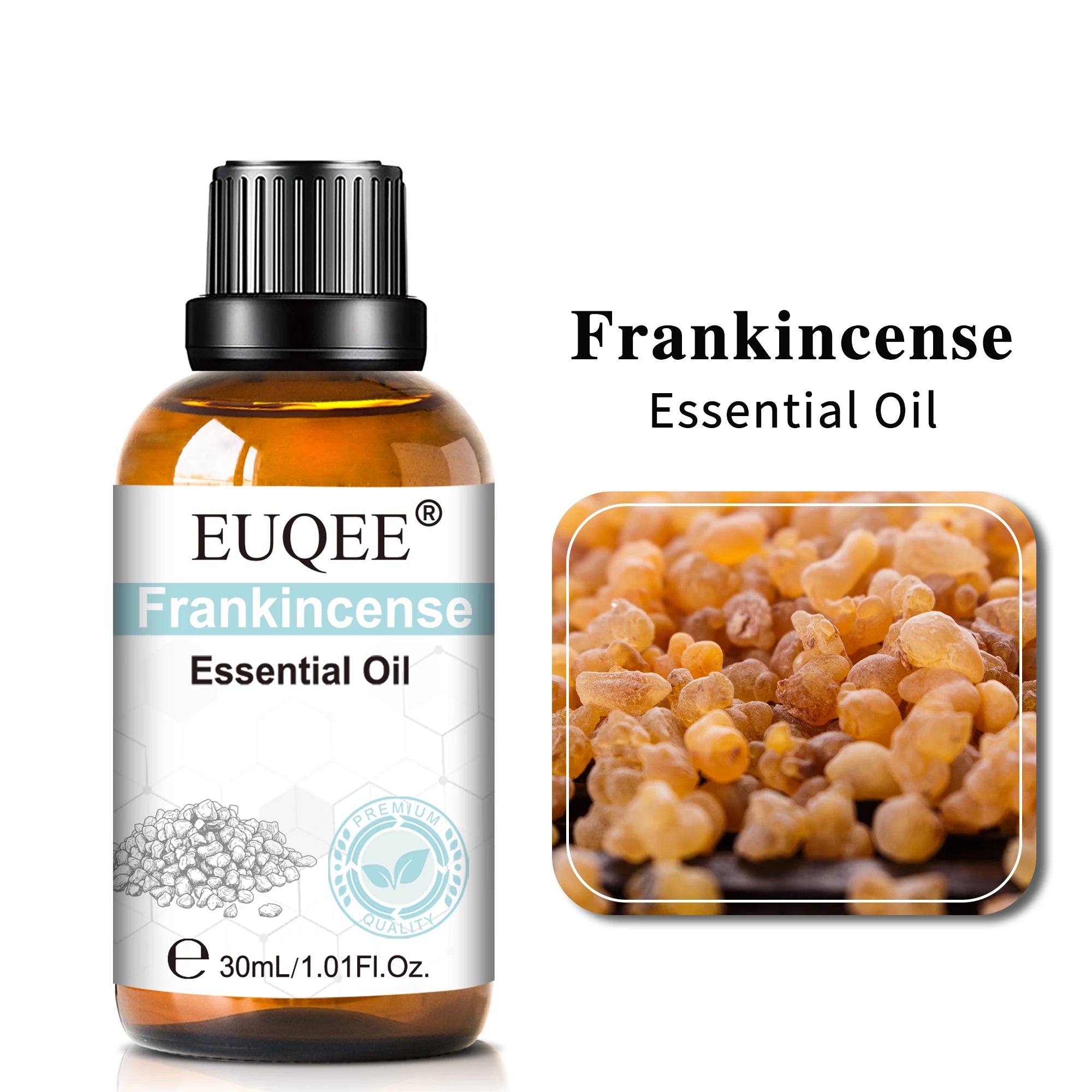 Amber 30ml bottle of Frankincense essential oil with black dropper cap, shown next to raw frankincense resin pieces.