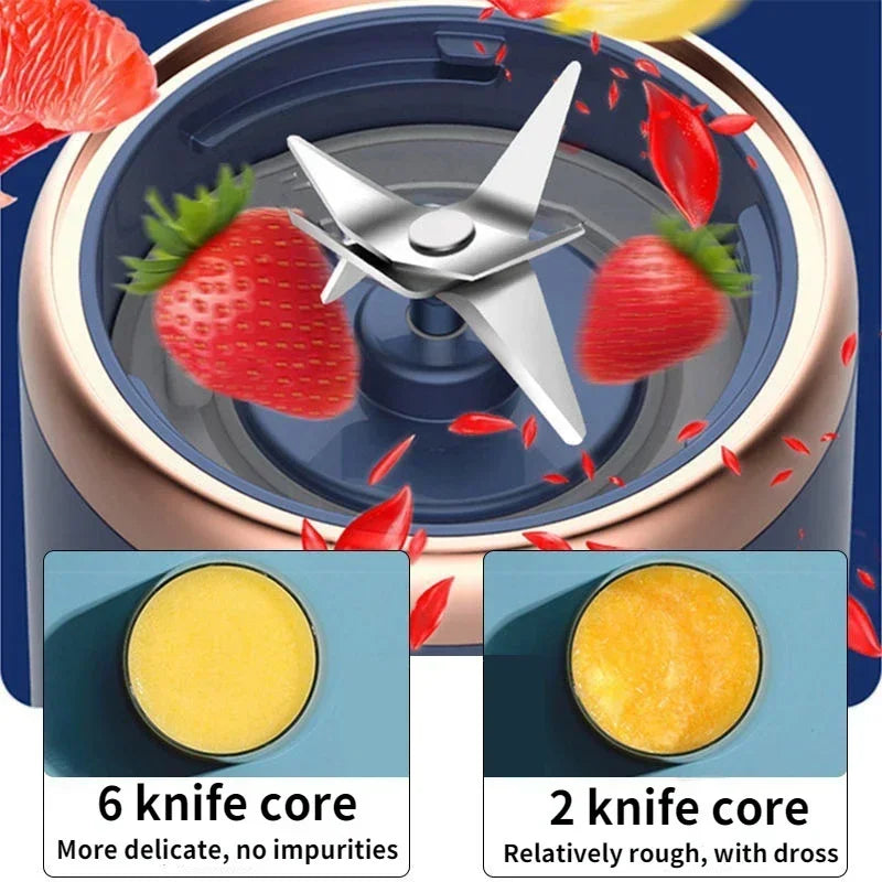 Blender with a six-blade stainless steel core, blue and rose gold finish, blending strawberries for a smooth texture.