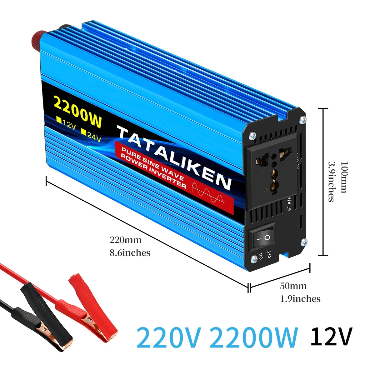Blue 2200W pure sine wave power inverter with dimension labels, UK mains socket, power switch, and battery clips.
