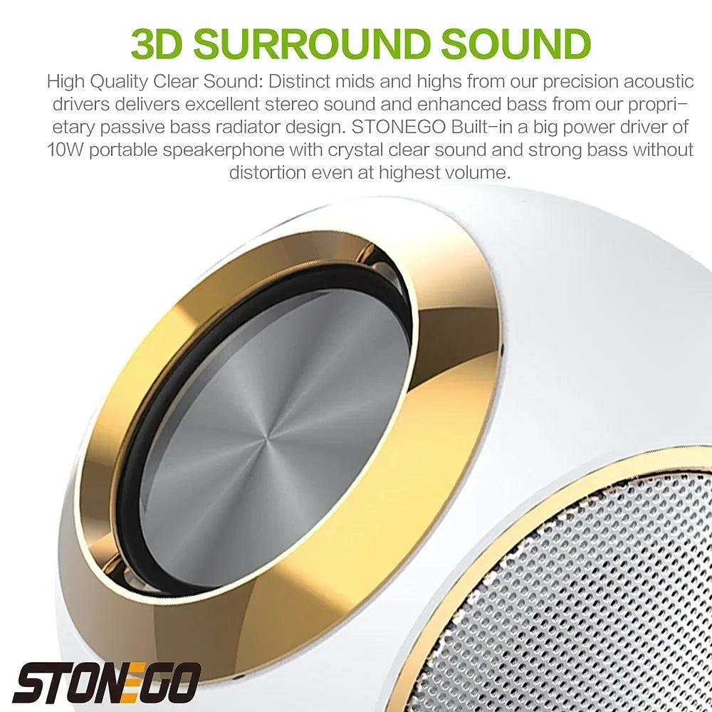 Close-up of a stylish white portable Bluetooth speaker with gold trim and a silver circular driver.