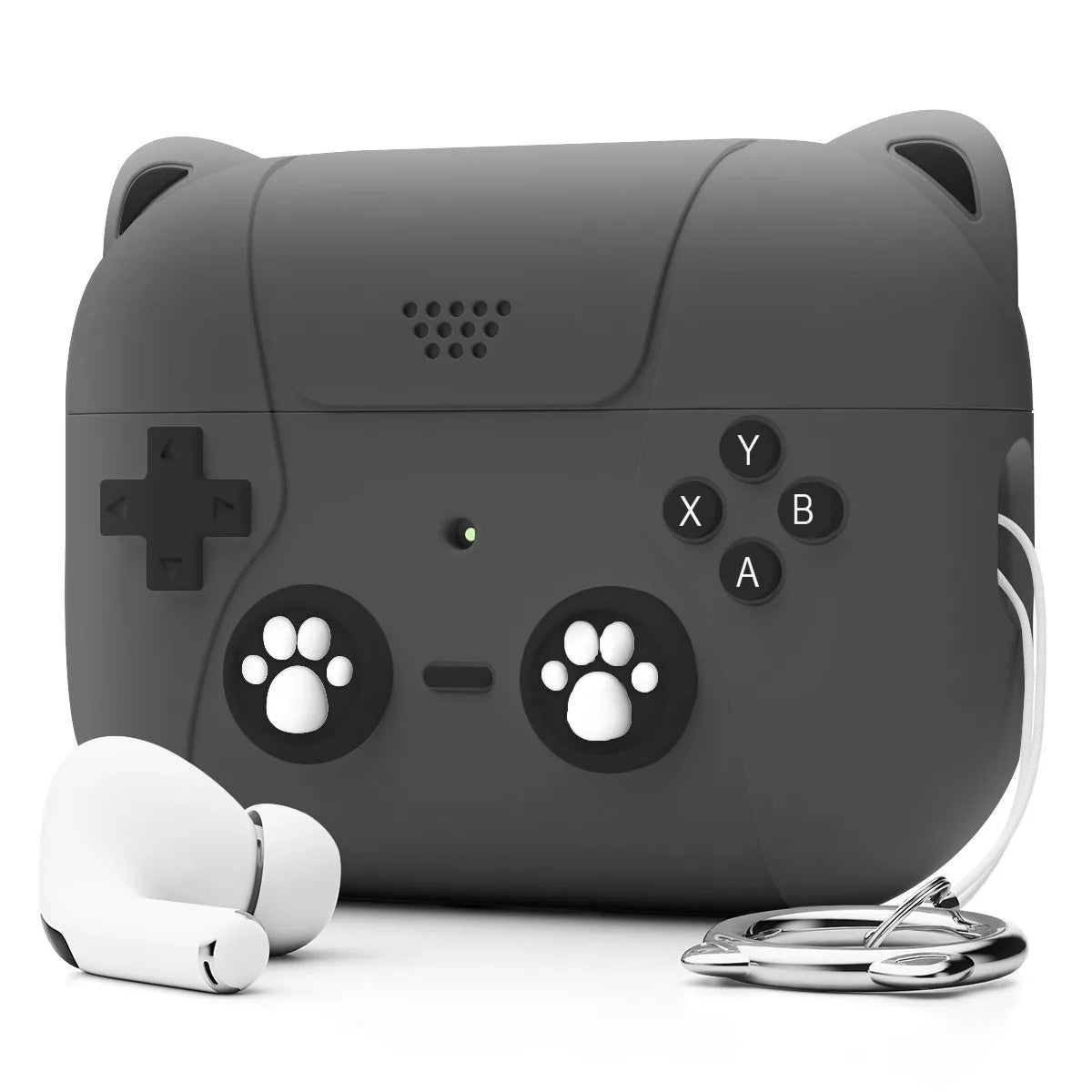 Grey silicone AirPods Pro case featuring a gaming controller design with paw print joysticks and bear ears.