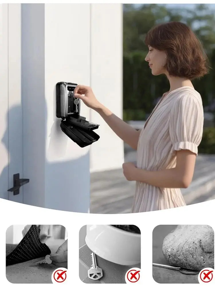 Black metal wall-mounted key lock box with a push-button combination lock, being used by a woman.