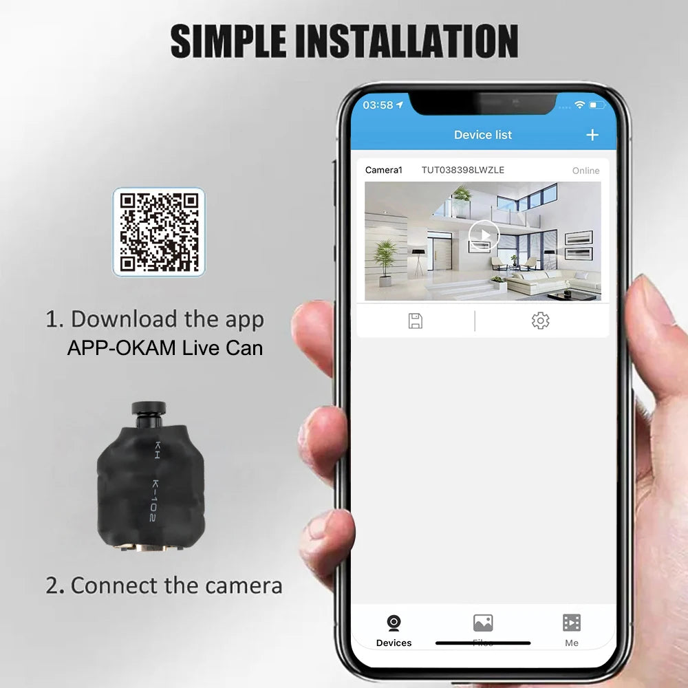 Small black plastic camera module shown next to a smartphone displaying the OKAM Live app installation instructions.